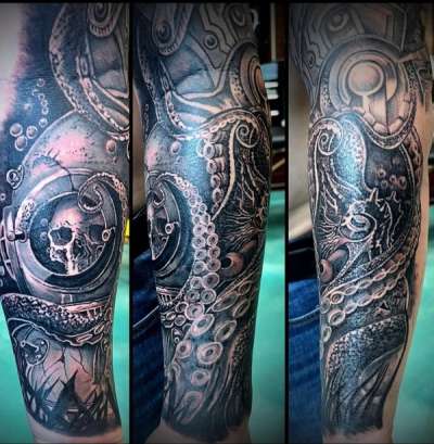 Black and grey illustrative octopus tentacle sleeve on arm