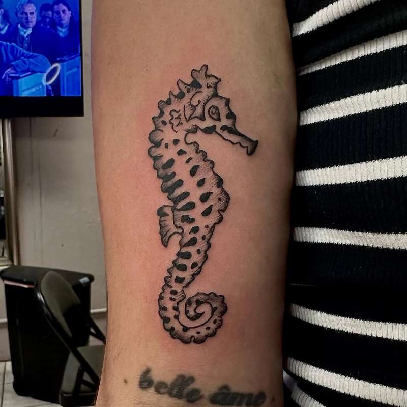 blackwork seahorse tattoo on forearm