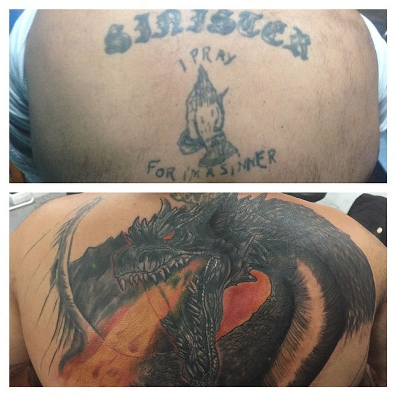 full back tattoo with dragon and lettering
