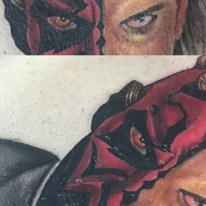 realistic colorful portrait tattoo of a character's face