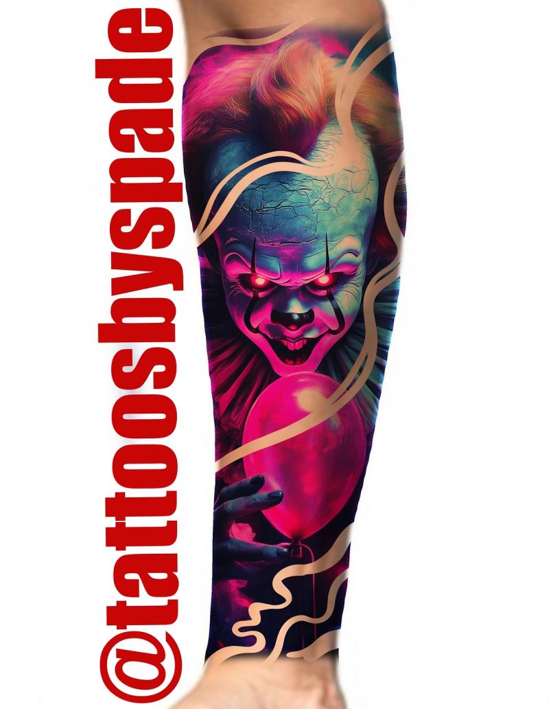 colorful clown tattoo on leg calf with balloon.