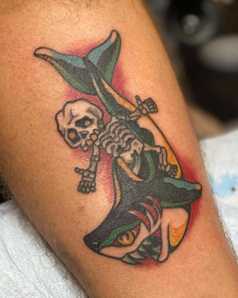american traditional leg tattoo with skeleton and shark