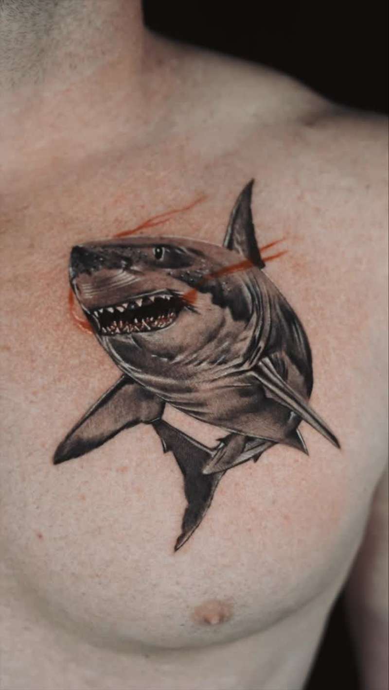 realistic shark tattoo on chest