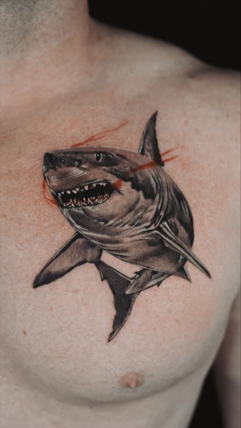 realistic shark tattoo on chest