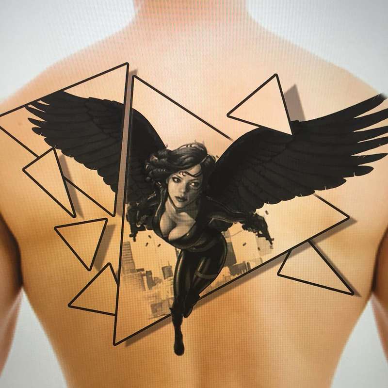 Black and grey winged female with geometric shapes tattoo on upper back