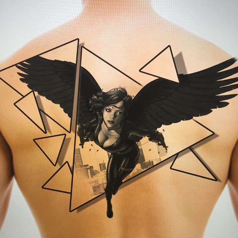 Black and grey winged female with geometric shapes tattoo on upper back