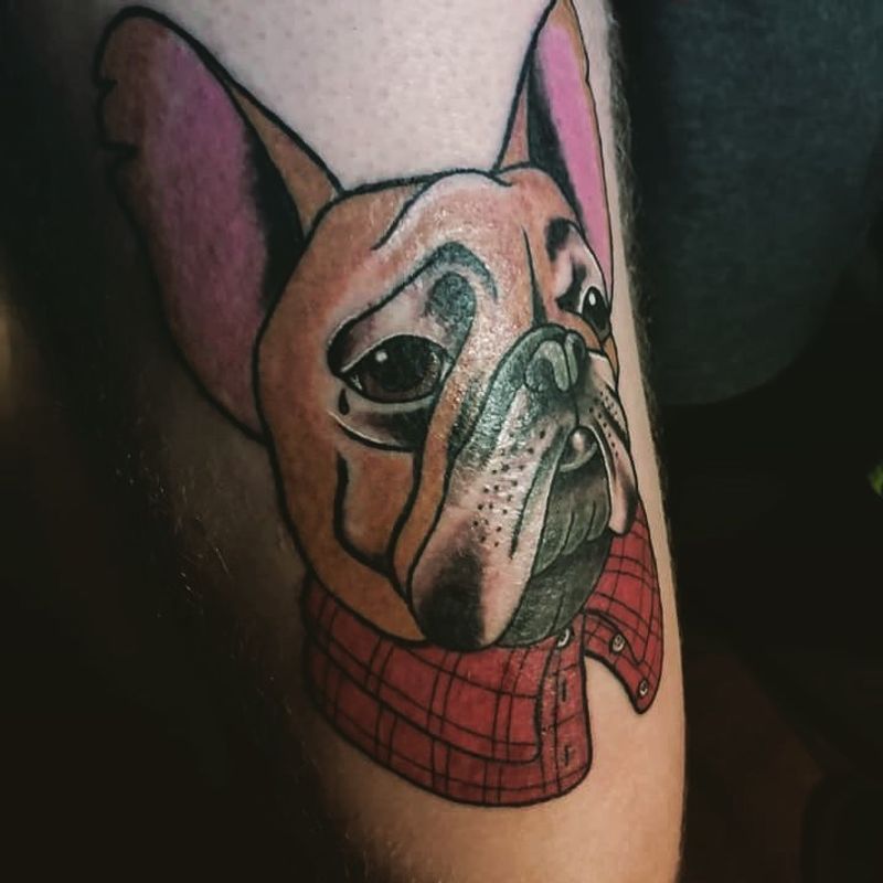 illustrative tattoo of a french bulldog on the thigh