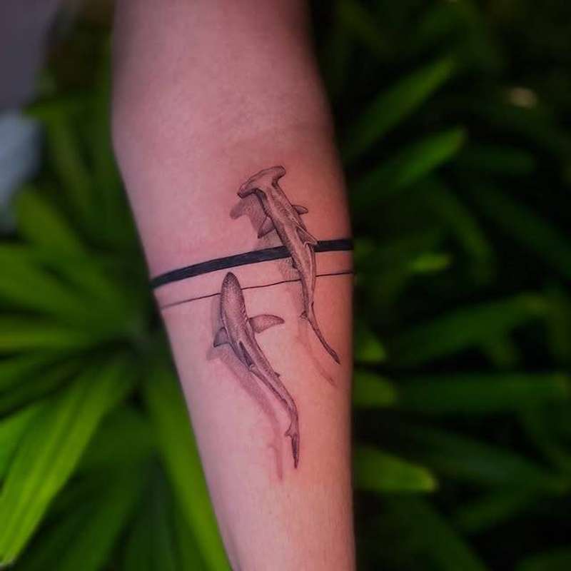 Black and grey illustrative shark tattoo on forearm