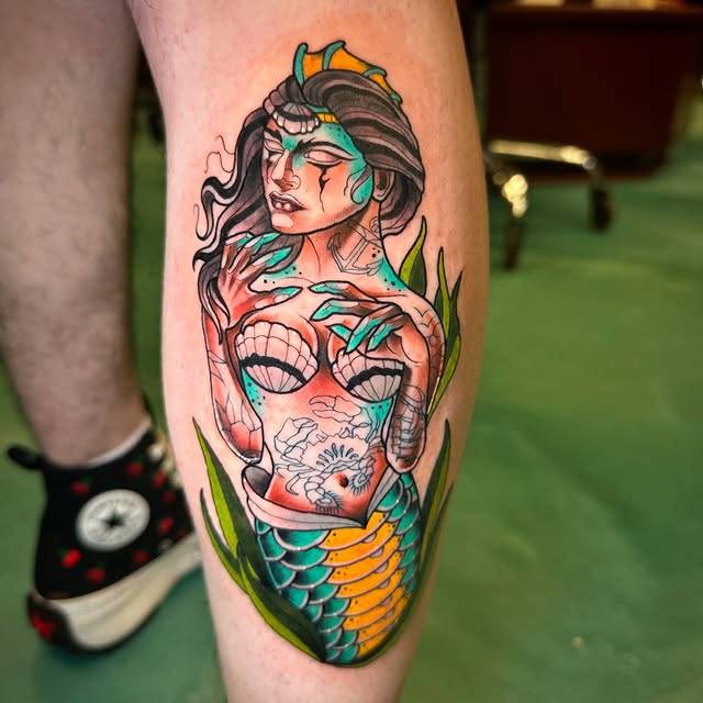 Colorful Neo Traditional mermaid design on calf