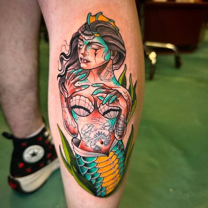 Colorful Neo Traditional mermaid design on calf