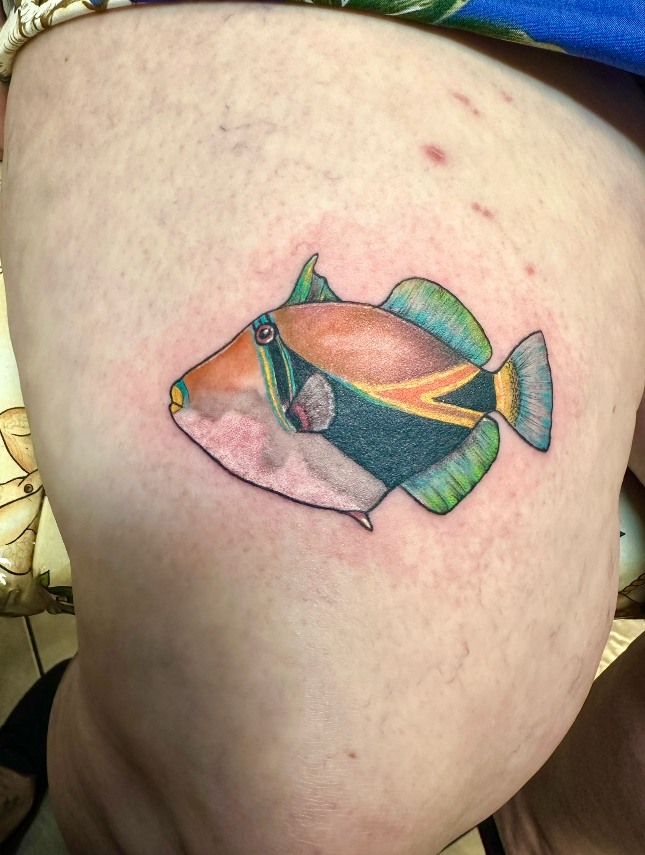 Colorful illustrative fish tattoo on thigh