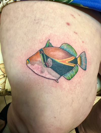 Colorful illustrative fish tattoo on thigh