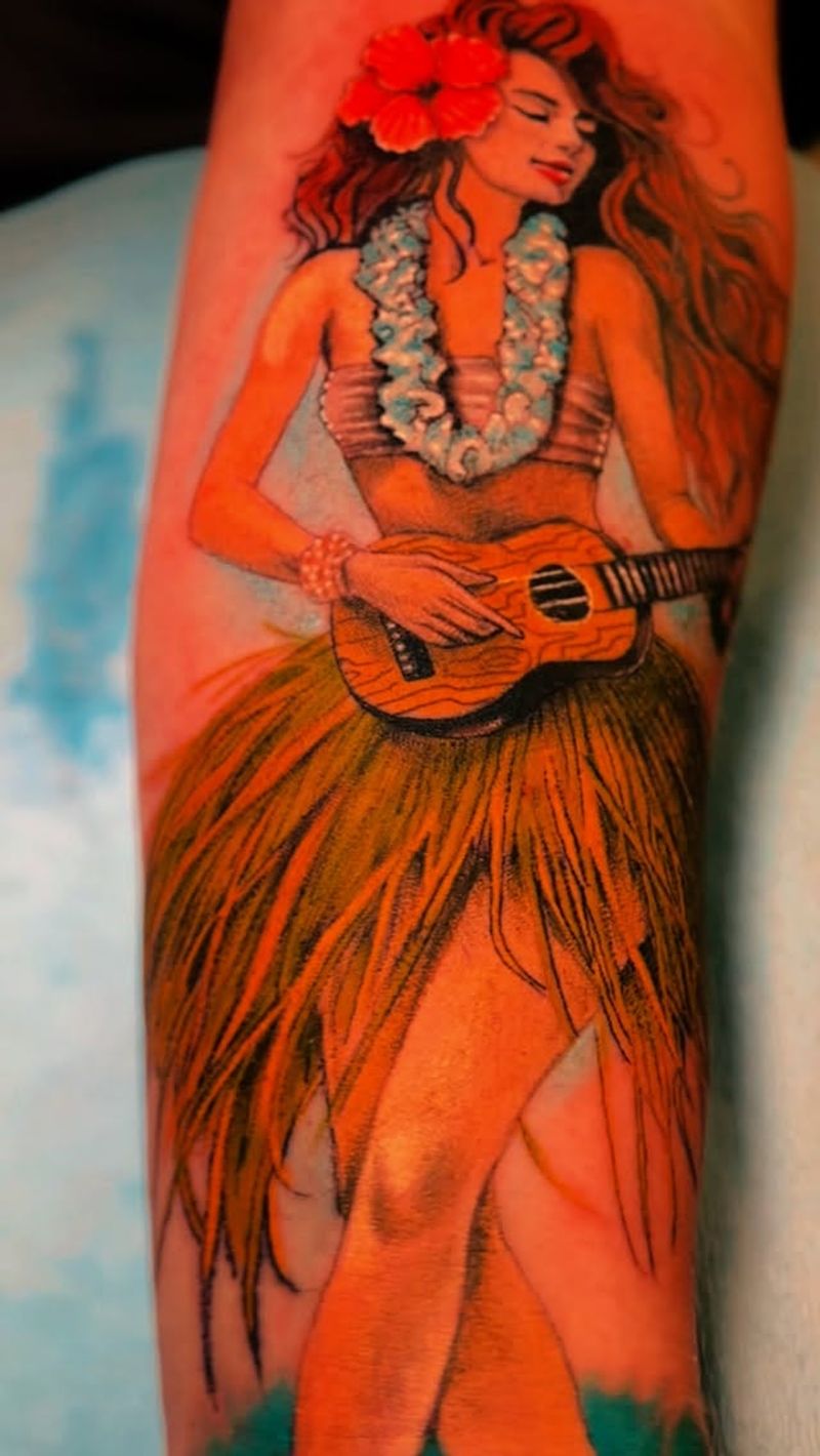 colorful tattoo of hula dancer with ukulele