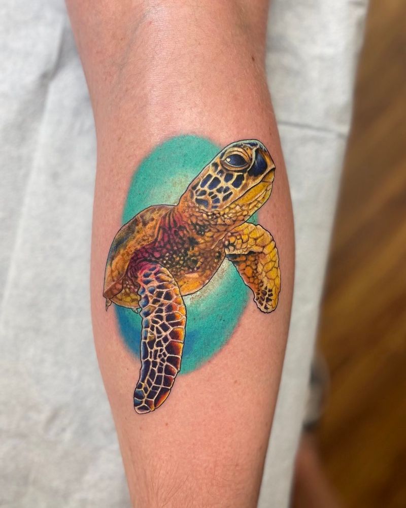 colorful sea turtle tattoo on calf
