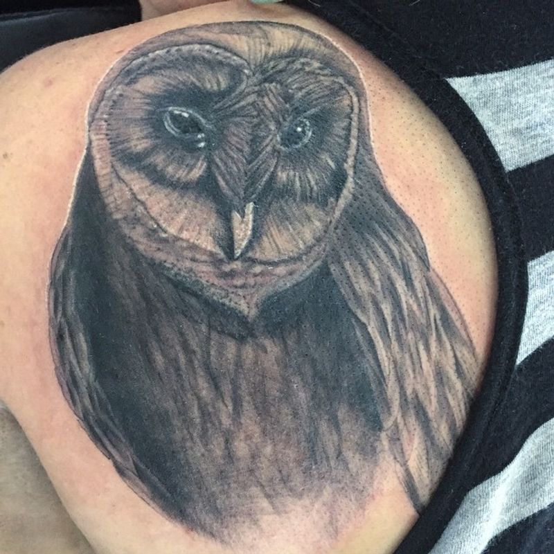 Black and grey realistic owl tattoo on shoulder