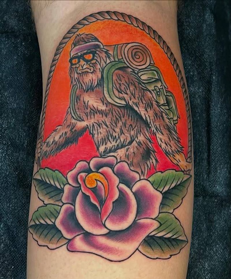 Colorful Neo Traditional Sasquatch and rose on calf