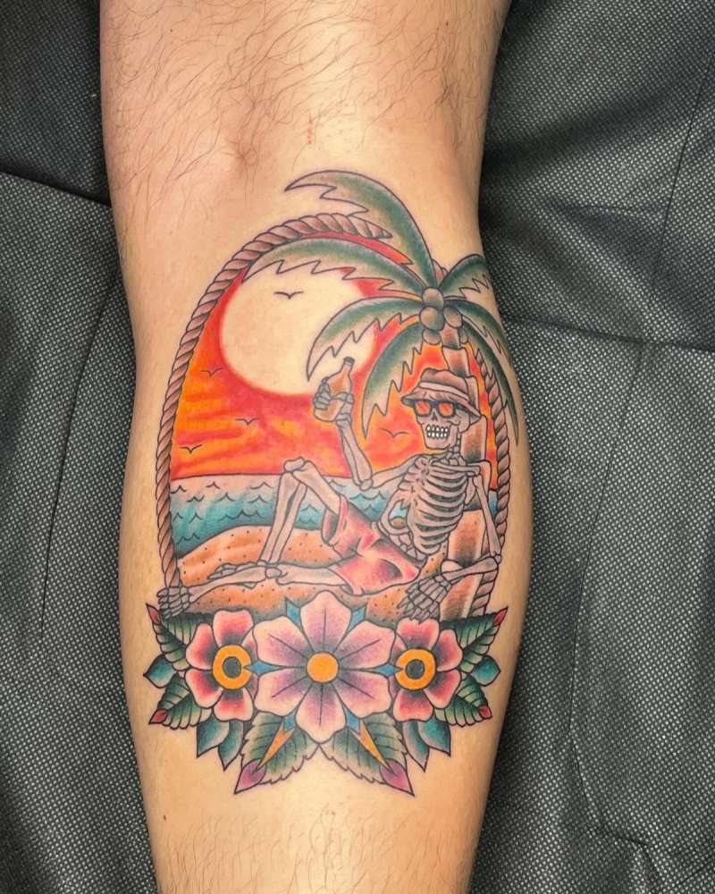 Colorful Neo Traditional skeleton on calf