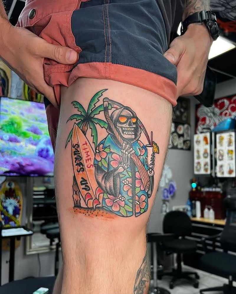 Colorful grim reaper and surfboard tattoo on thigh