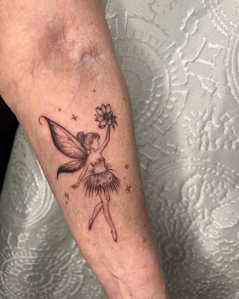 Black and grey fine line fairy tattoo on forearm