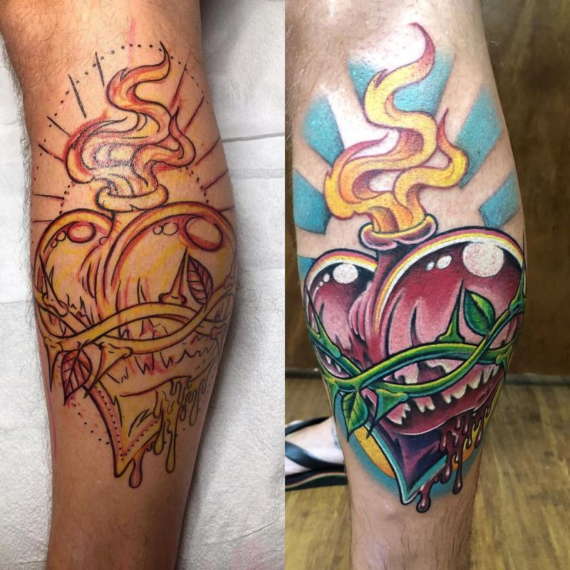 colorful heart and flame tattoo on calf