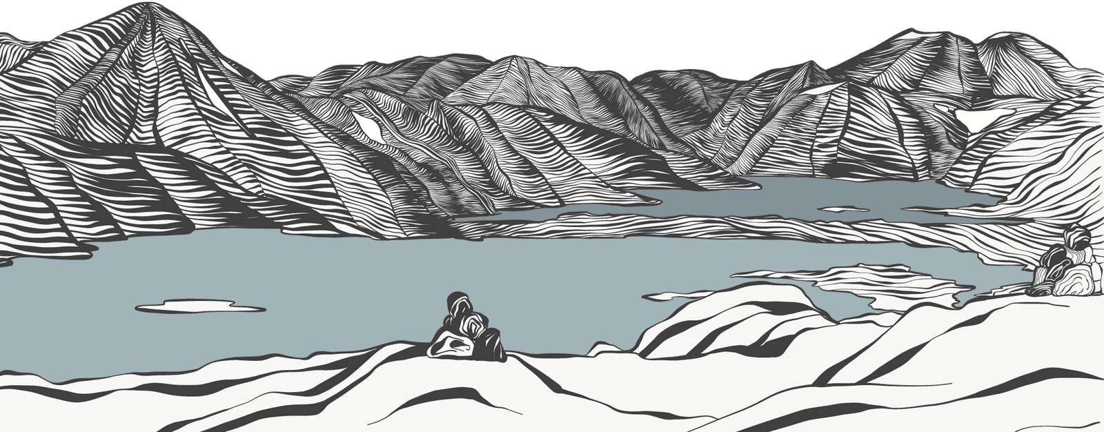 Illustorie, tegning med fjell og innsjø