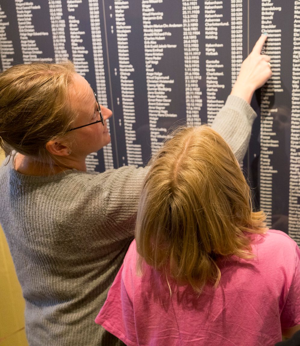 Gæster kigger på tavle med navnene på dem, der blev holdt fanget i Frøslevlejren