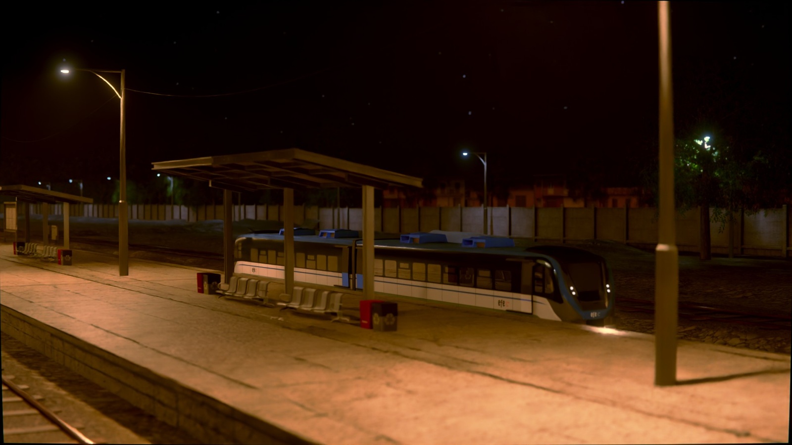The 3D render of a train at a station in night time.