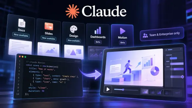 Anthropic put live dashboards and short animated explainers into Claude on 8 October. Dashboards are beta on paid plans and need a data-platform or Salesforce connection. Motion is beta on Team and Enterprise, written as editable code and exported as MP4. Docs, Slides, and Design are now on every plan.