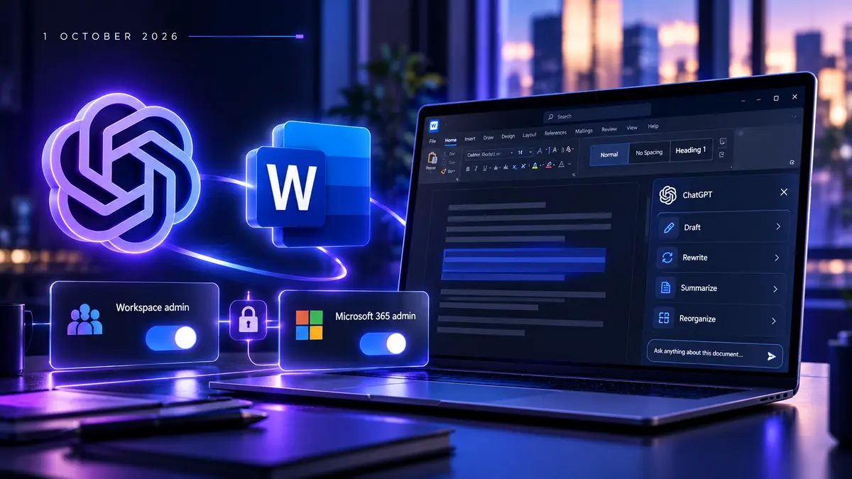 ChatGPT for Word opened in the sidebar on 1 October for managed workspaces unless an admin had already switched it off. Drafting stays inside the file you send, but usage draws from the same token pool as Codex, and Microsoft 365 still has to allow the add-in.