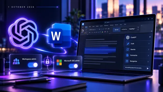 ChatGPT for Word opened in the sidebar on 1 October for managed workspaces unless an admin had already switched it off. Drafting stays inside the file you send, but usage draws from the same token pool as Codex, and Microsoft 365 still has to allow the add-in.