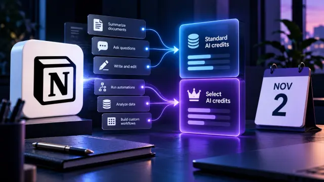 Notion's new AI credit model gives Business and Enterprise users separate allowances for automatic model selection and advanced agent use. Here is what the November 2 change means for a five-person team and its AI costs.
