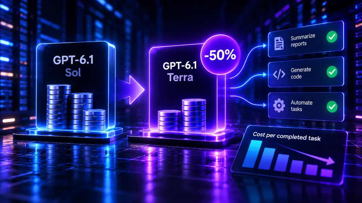 GPT-6.1 Terra is available through the OpenAI API at $1 per million input tokens and $5 per million output tokens. Its 50% lower standard price makes routine automation worth benchmarking, but actual savings depend on successful completions and corrections.