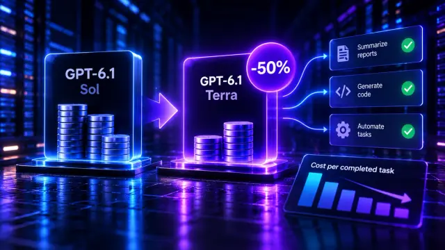 GPT-6.1 Terra is available through the OpenAI API at $1 per million input tokens and $5 per million output tokens. Its 50% lower standard price makes routine automation worth benchmarking, but actual savings depend on successful completions and corrections.