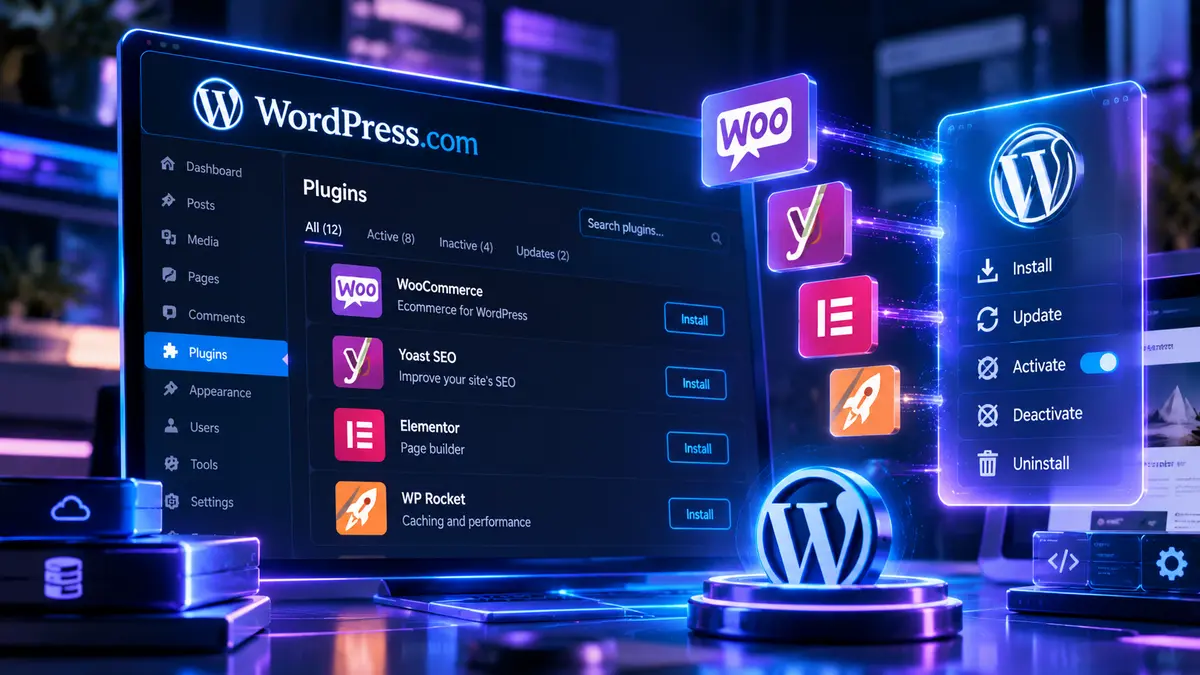 WordPress.com agents can now install, activate, update, and remove plugins, and the built-in WordPress Agent documents the same job from chat. Plugin code runs as PHP, so this is a staging test, not a default for client production. WooCommerce prices, stock, and orders are still outside these tools.