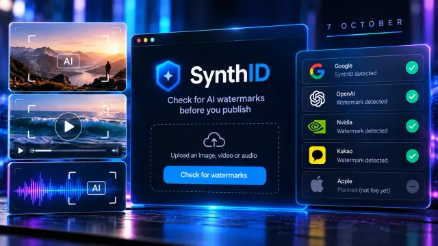 Google's SynthID Detector is now public at synthid.com, in English, worldwide. It flags watermarks from Google, OpenAI, Nvidia, and Kakao, with Apple expected later. Use it before a client asset or testimonial goes live. A miss does not mean the file is real.