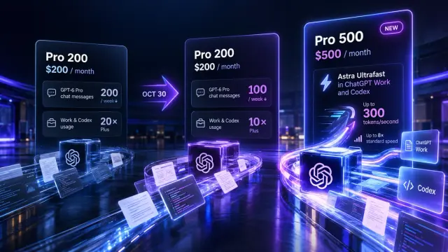 From October 30, ChatGPT Pro 200 still costs $200 a month but includes half the ChatGPT Work and Codex allowance it does today, and half the weekly GPT-6 Pro chat messages. A new $500 Pro 500 tier adds Ultrafast and 25x Plus usage. Existing $200 subscribers keep the old limits through October 29 and get a one-time credit grant that expires at year end.