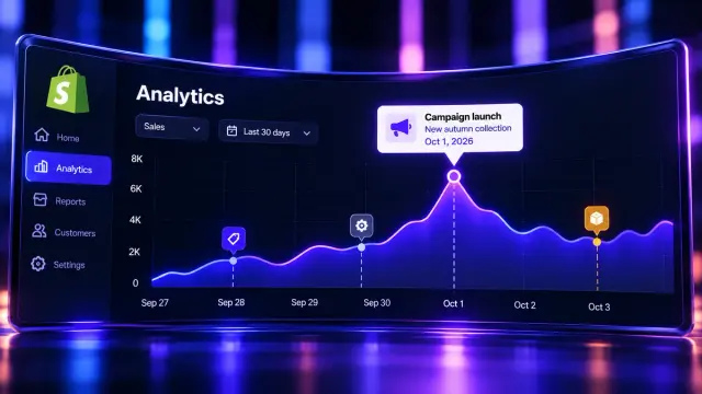 On 1 October 2026 Shopify added annotations to supported time-series reports. You attach a title, a description, a date or a date range, and a type, using Shopify's categories or your own. Notes are shared with staff who have Reports permission and sit beside context Shopify and apps already attach. The chart still does not explain itself. Someone has to write the note.