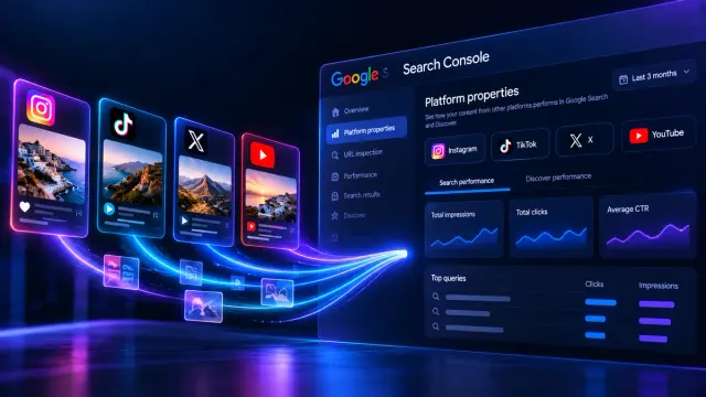 Google Search Console platform properties provide Google query, click and impression data for Instagram, TikTok, X and YouTube content. The feature launched in July 2026 and is globally available, including for creators without a website.