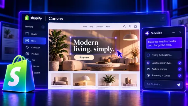 On 1 October 2026 Shopify opened Canvas, a workspace where every page sits on one surface and Sidekick writes theme changes you can see land. The classic editor stays. A theme edited in Canvas does not get theme updates, and app blocks, Markets, rollouts, and translations are unsupported at launch. Trial a duplicate. Leave the live theme alone.