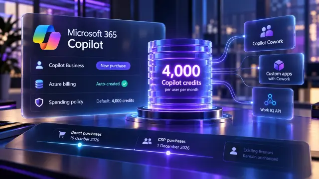 Microsoft will turn usage-based billing on for new Copilot Business purchases, not for seats you already own. The purchase can create the tenant billing rail and a default spending policy. Cowork and other credit features then meter on top of the seat.