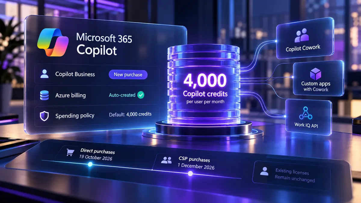 Microsoft will turn usage-based billing on for new Copilot Business purchases, not for seats you already own. The purchase can create the tenant billing rail and a default spending policy. Cowork and other credit features then meter on top of the seat.