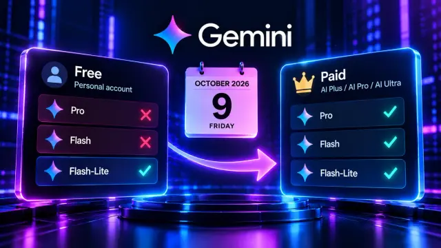 From 9 October, a personal Gemini account with no AI subscription keeps Flash-Lite and loses Flash and Pro. AI Plus keeps Flash and loses Pro on a date Google emails you. If client drafts still sit in the free app, move them this week.