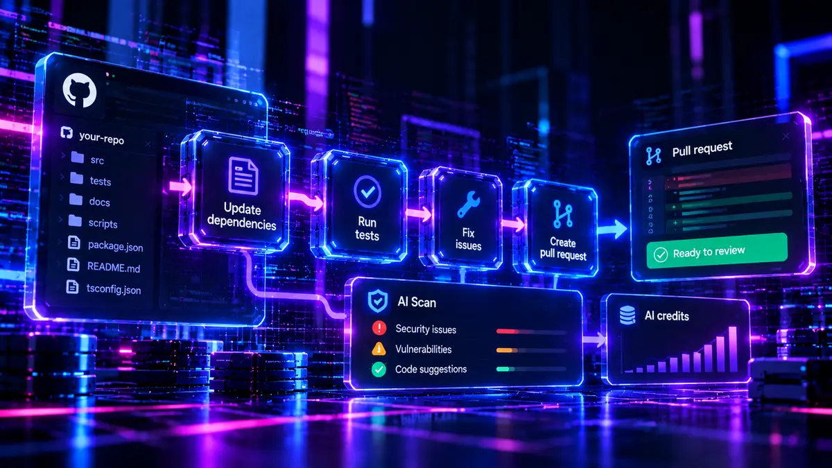 GitHub's Agentic Workflows can run natural-language developer tasks through Actions, while AI Scan checks repositories for vulnerabilities and Copilot Fusion routes coding tasks across models. Start with read-only CI triage and measure review effort and usage charges.