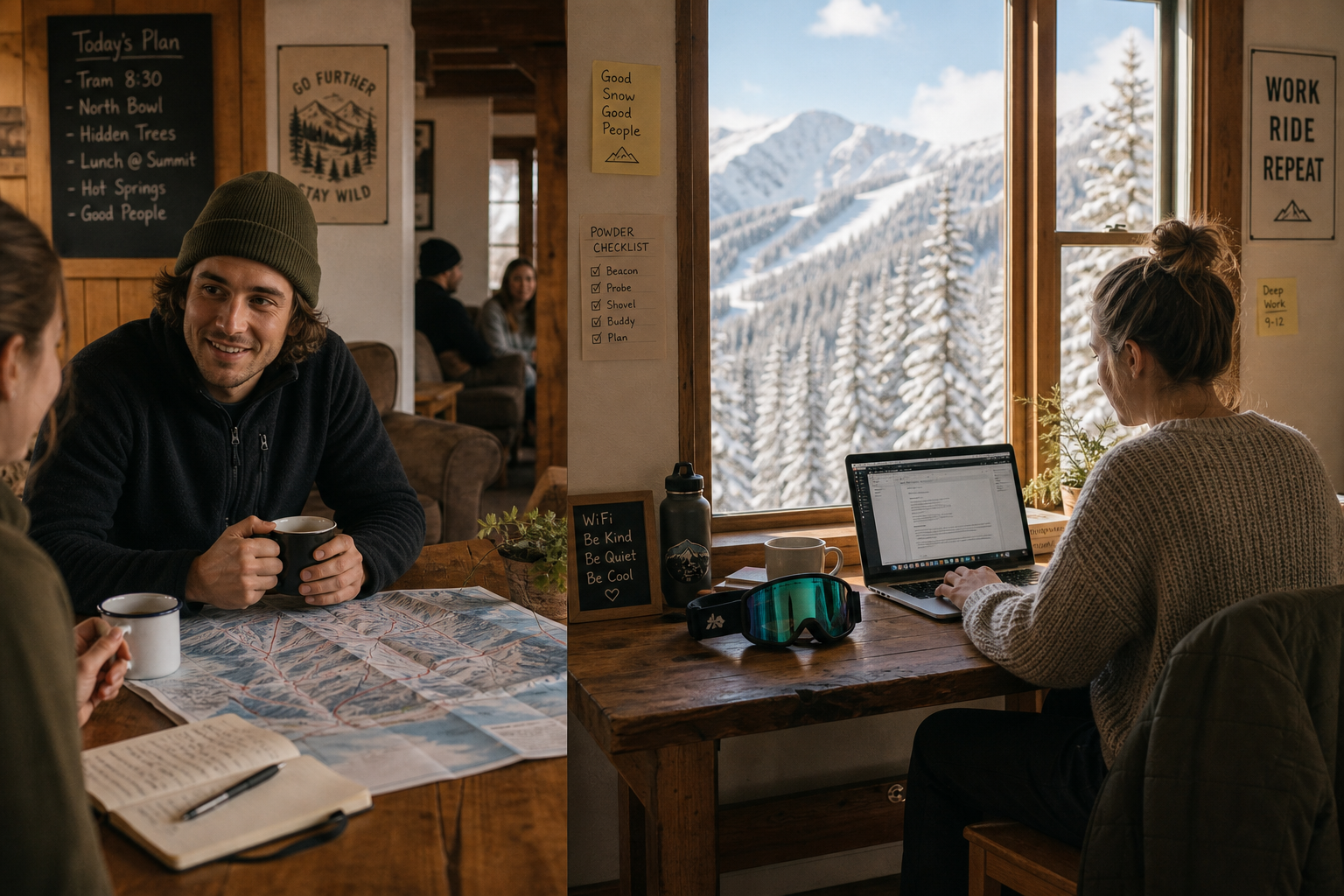 Illustration contrasting a solo traveler planning routes with a digital nomad working beside snowy mountain views in a ski ho