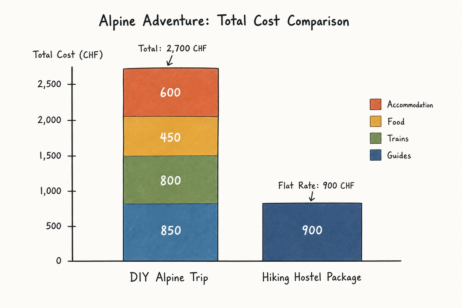 Bar chart comparing the high estimated cost of a DIY trip versus the flat rate of a Hiking Hostel package.