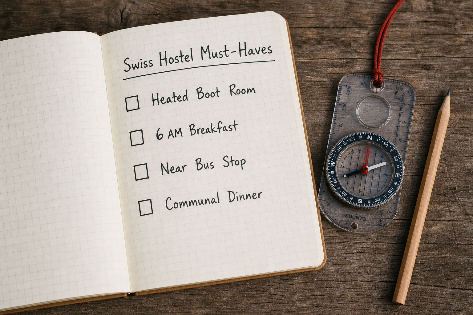 Checklist of essential features to look for in a Swiss hiking hostel, including boot rooms and early breakfast