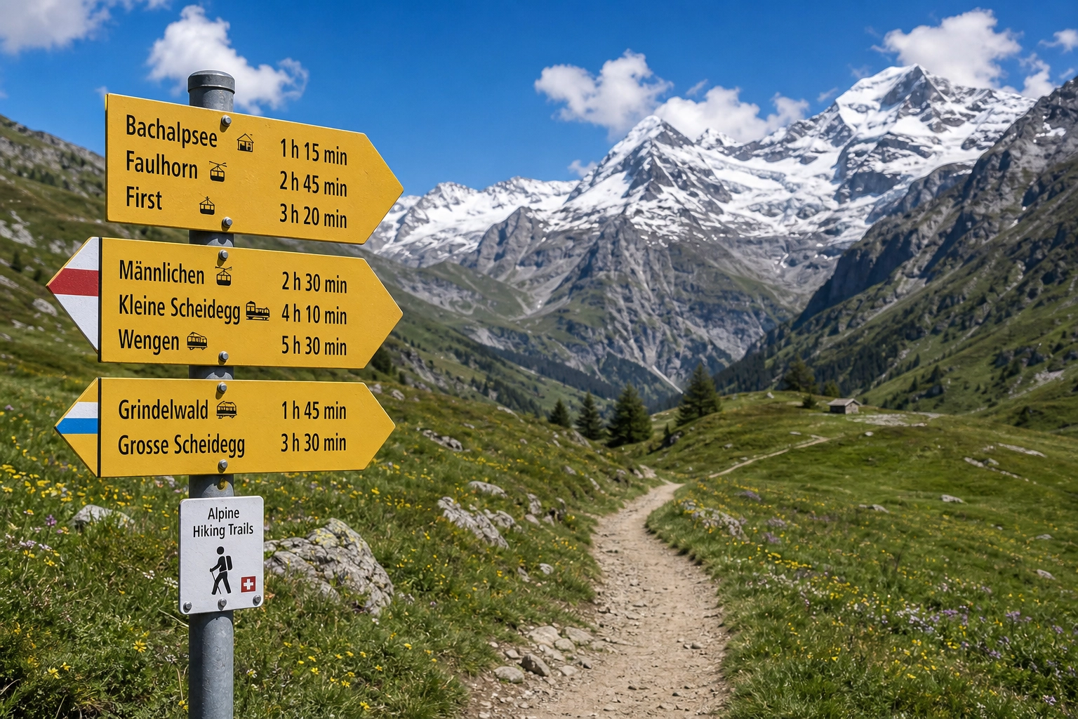 Hikers walking along a scenic ridge trail in the Swiss Alps with snow-capped peaks in the background
