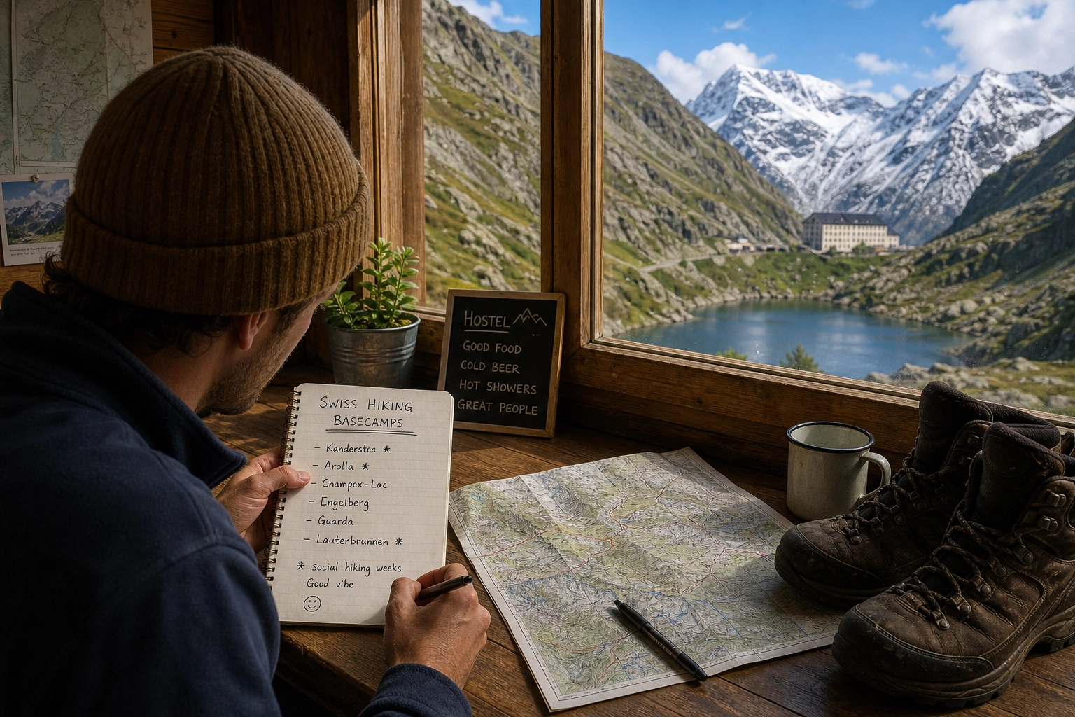 A hiker looking at a map in a cozy Swiss alpine hostel common room