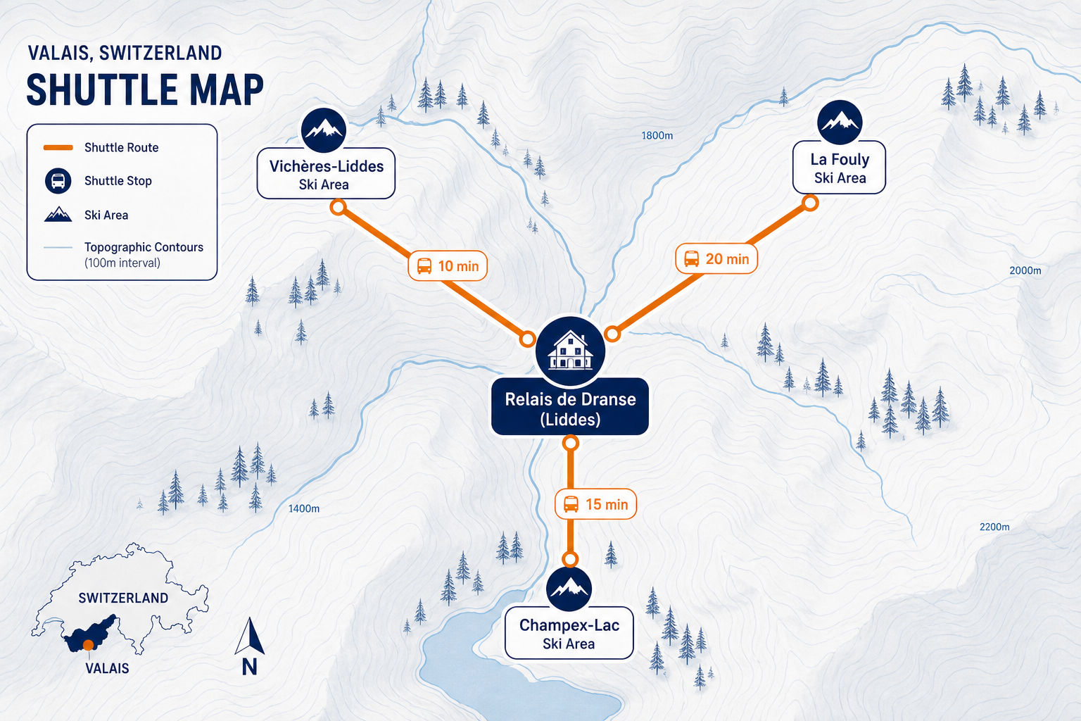 Illustrated route map showing shuttle transit connections from Liddes basecamp to three Swiss ski areas.
