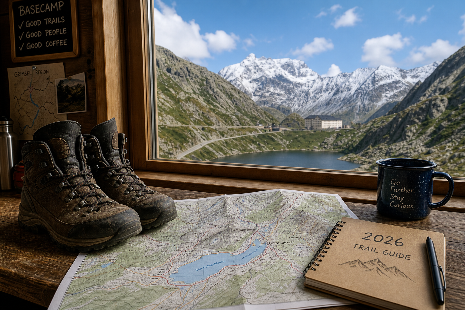 Hikers relaxing together outside an alpine adventure lodge in the Swiss Alps, showcasing a social basecamp.